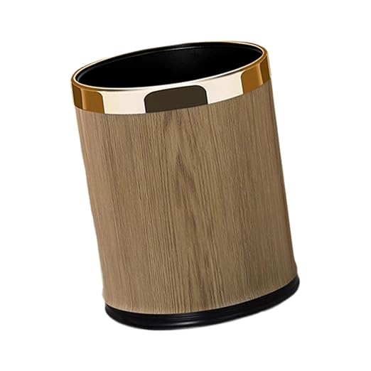 Trash Can Waste Basket PU Leather Stylish Modern Garbage Container Wastebasket for Under Desk Dorm Hotel Bedroom 10L Round Gold
