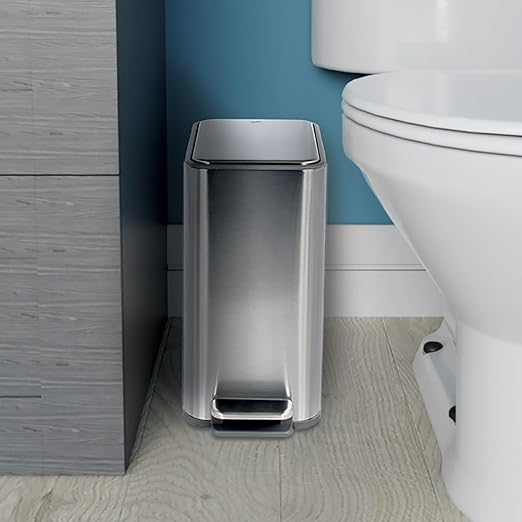 Glad Slim Bathroom Trash Can - Small Garbage Pail with Soft Close Lid &amp Step Foot Pedal | Narrow Stainless Steel Waste Basket with Removable Inner Bucket 2.6 Gallon