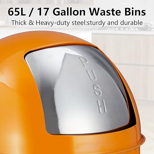 65L/17 Gallon Heavy Duty Stainless Steel Tall Commercial Trash Can Push Lid Kitchen Waste Bin for Indoor and Outdoor Durable Garbage Bin for Home Office Restaurant