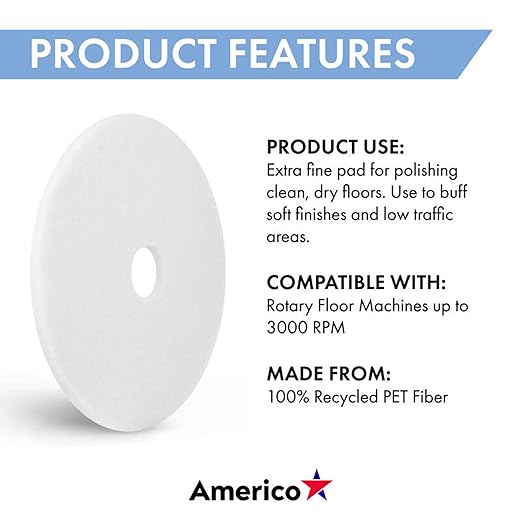 Americo White Super Polish Floor Pad 9.5 Diameter 3.25 Center Hole 5 Pads/Case Machine Floor Pads for Polishing Dry Floors Made of 100% Recycled Content USA Made