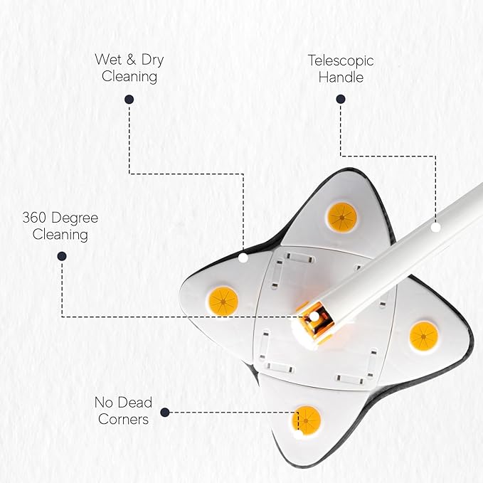 Magic Mop w/ Adjustable Long Handle and 2 Replacement Pads 360° Rotatable Multi Purpose Cleaning Mop (White)