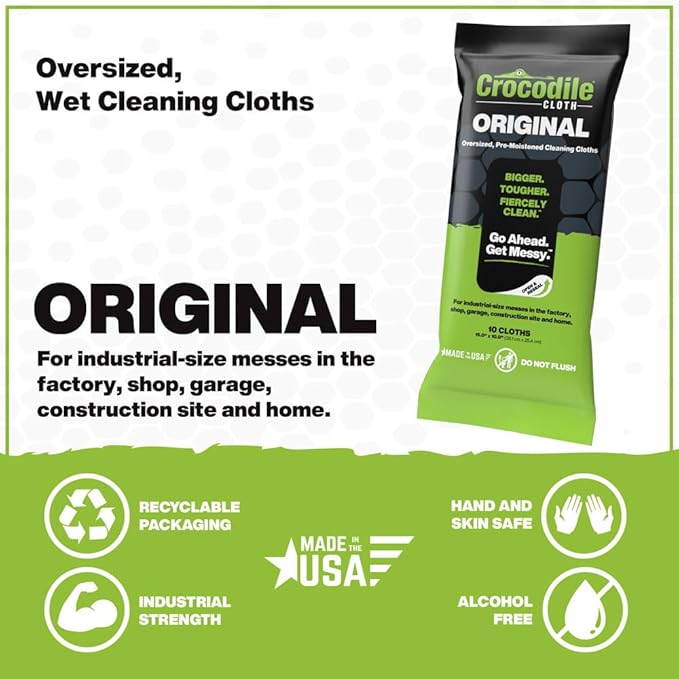 Crocodile Cloth Industrial Hand &amp Tool Cleaning Wipes - Heavy-Duty 10 x 15 Size Multi-Surface Cleaning Wipes 10 Count Per Package. Water Based Solution with Extreme Cleaning Power. Safe on Skin