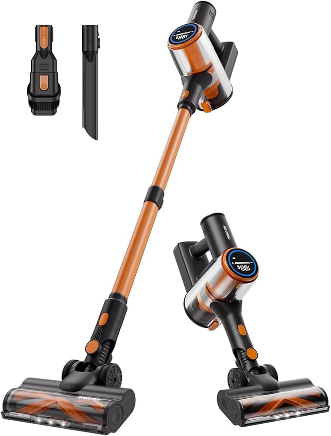 MOMAX Vacuum Cleaner for Home – Cordless Stick Vacuum with Powerful Suction Rechargeable Lightweight 45 Mins Runtime for Carpet Hard Floors Pet Hair Cat Litter (Orange &amp Black)