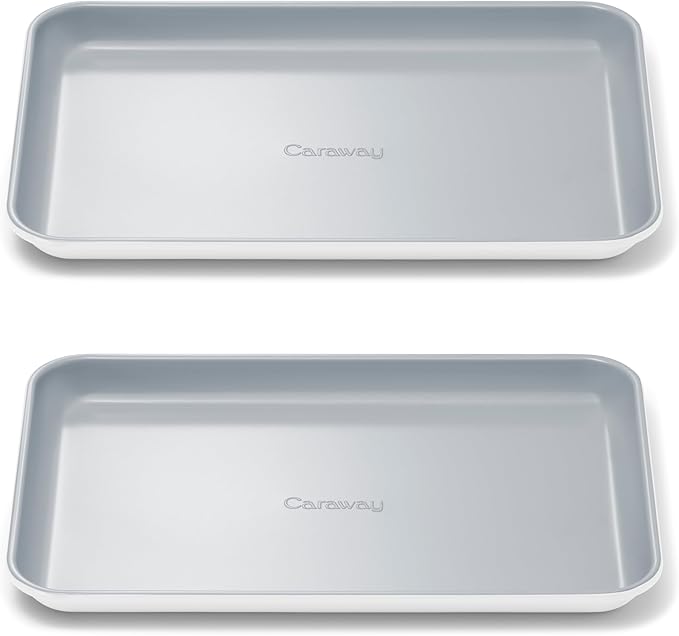 Caraway Nonstick Ceramic Small Baking Sheet Duo (9x13”) – Non-Toxic PTFE &amp PFOA Free – Oven Safe – Aluminized Steel Core – Mini Sheet Pan for Baking Roasting &amp More - White