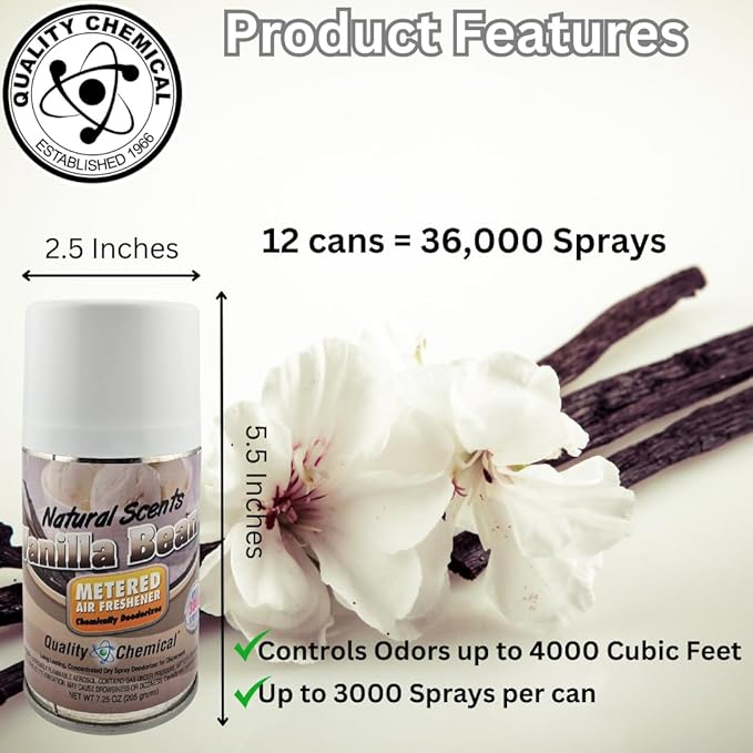 Quality Chemical Metered Aerosol Fragrance Refill Can - For Automatic Air Freshener Spray Automatic Refill - Vanilla Bean - 7.25 oz (Pack of 12)