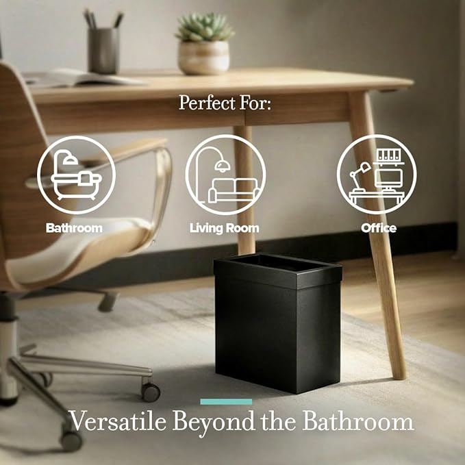 Gatco Small Bathroom Trash Can with Lid Rectangle 3 Gallon Stainless Steel Wastebasket Under Sink Matte Black for Bathroom Bedroom Office (1918)