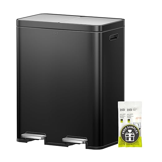 EKO Edison 8+8 Gallon Dual Trash Can for Recycling and Trash Stainless Steel Kitchen Step Can with Dual Removable Inner Bucket Independent Lids and Pedals Black