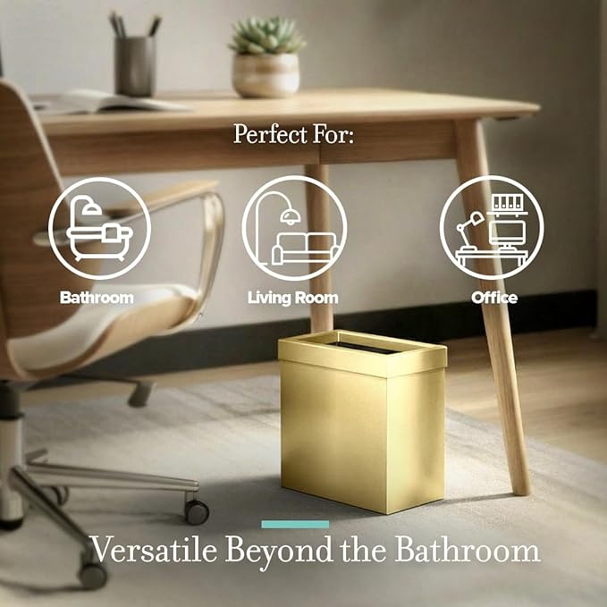 Gatco Modern Rectangle Wastebasket Brushed Brass - Stainless Steel Trash Can with Removable Lid Leakproof 3 Gallon Capacity for Bathroom Bedroom Kitchen or Office