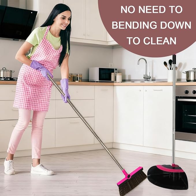 Triangular Indoor Broom and Dustpan Comb Set 180° Rotating Soft Bristle Long Handle Upright Sweeping Angled Broom with Self-Cleaning Teeth for Home Kitchen Office Wood Floor (Black Pink)