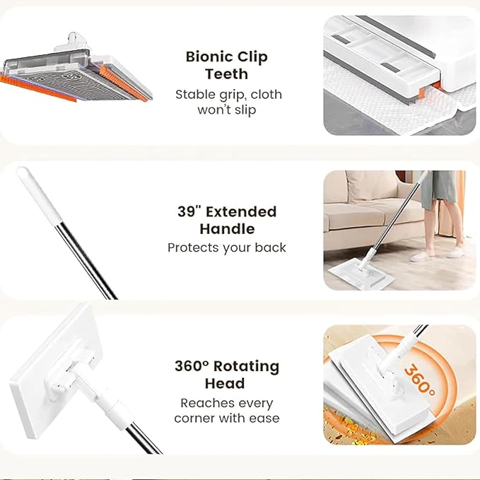 Clever Snap-Grip Mini Mop No Wash Lazy Mops Wet and Dry Zero Touch Convenient Automatic Cloth Changing Mini Mop Disposable Dust Mop with 10 Reusable Cloths for Multi Cleaning (Purple 28in)
