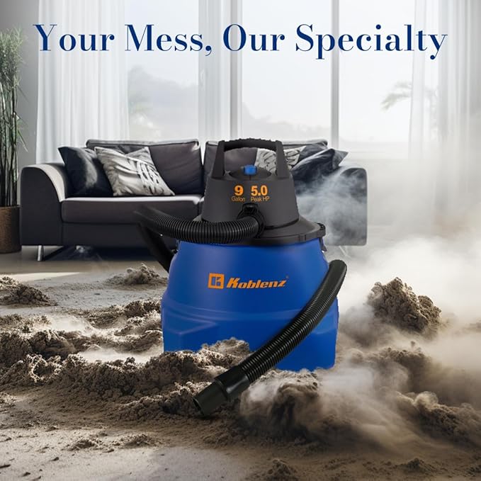 Koblenz Wet Dry Vacuum Cleaner 9.0 Gallon Tank 5.0 HP Powerful Vacuum for Dry and Wet Messes Vacuum Cleaner and Blower Accessories Included Black+Blue (WD-9 L212)