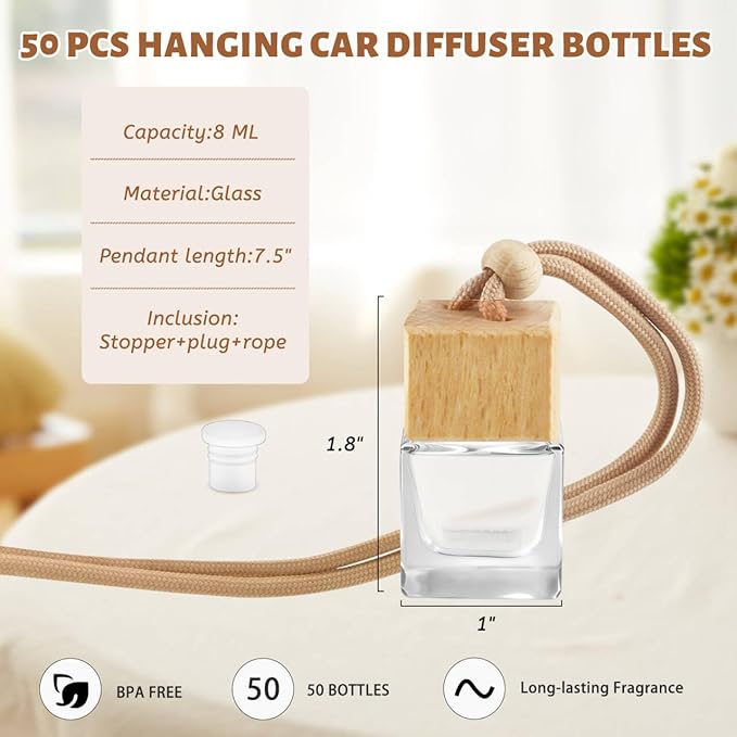 50 Pcs 8ml Hanging Car Air Freshener Diffuser BottlesEmpty Glass Perfume Ornament Bottle Essential Oil Freshener Diffuser Fragrance Pendant Glass Vials with Wooden Caps &amp Hanging String (Square)