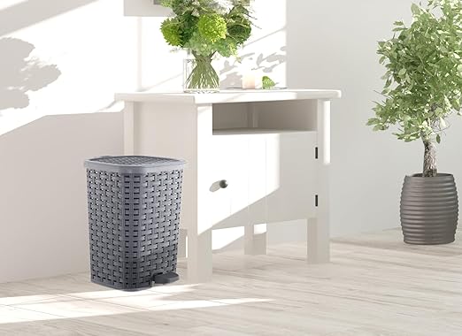 Superio Mini Trash Can with Foot Pedal Small Outdoor Garbage Can with Lid 1.5 Gallon Plastic Waste Basket for Bathroom Bedroom Kitchen Office Patio (Wicker Grey 6 QT.)