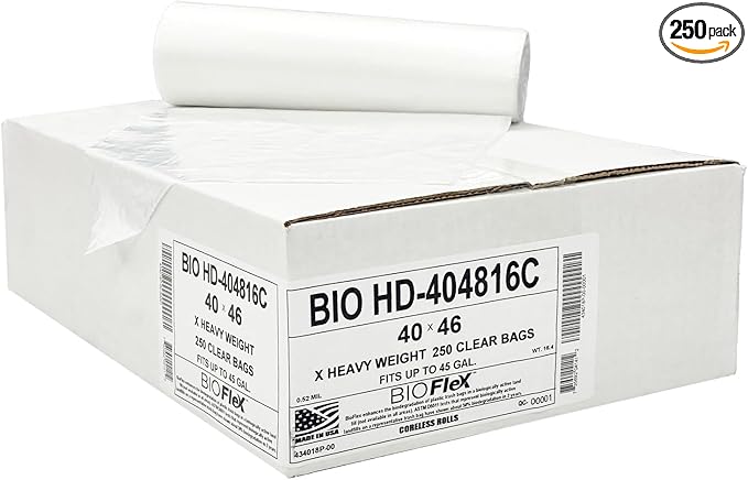 Aluf Plastics 45 Gallon Clear Trash Bags (250 Count) With BioFlex Technology - 40 x 48 - 16 Micron Equivalent High Density Garbage Bags