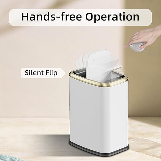 8L/2.1 Gallon Small Bathroom Trash Can with Lid Swing-Top Rectangular Waste Bin Stainless Steel Garbage Can for Home Office Toilet Bedroom Living-Room (White)