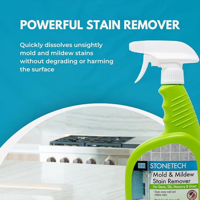 StoneTech Mold and Mildew Stain Remover Cleaning Kit | Kitchen Patio Shower and Bathroom Cleaner for Natural Stone Tile and Grout 2-Pack 24-Ounce Spray with Microfibers and Crevice Brushes