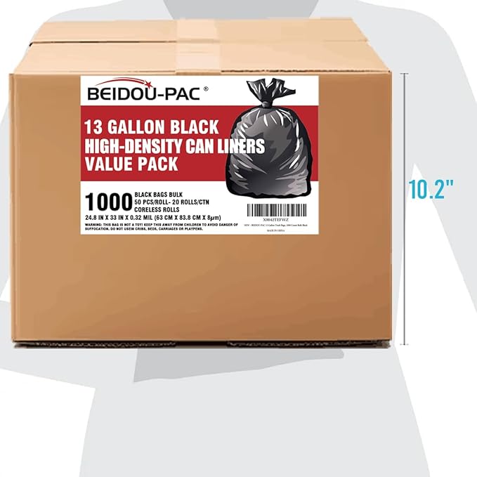 13 Gallon Trash Bags 1000 Count Bulk Value Pack Black Tall Kitchen Garbage bags Multi-purpose Trash Can Bin Liners for Bathroom Office Industrial Commercial Janitorial Municipal Recycling