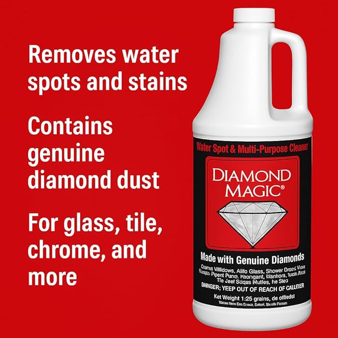 Hard Water Spot &amp Grime Remover Kit – Diamond Magic 40oz Cleaner + 4 Drill Scrub Brushes for Glass Tile Chrome Fiberglass &amp More