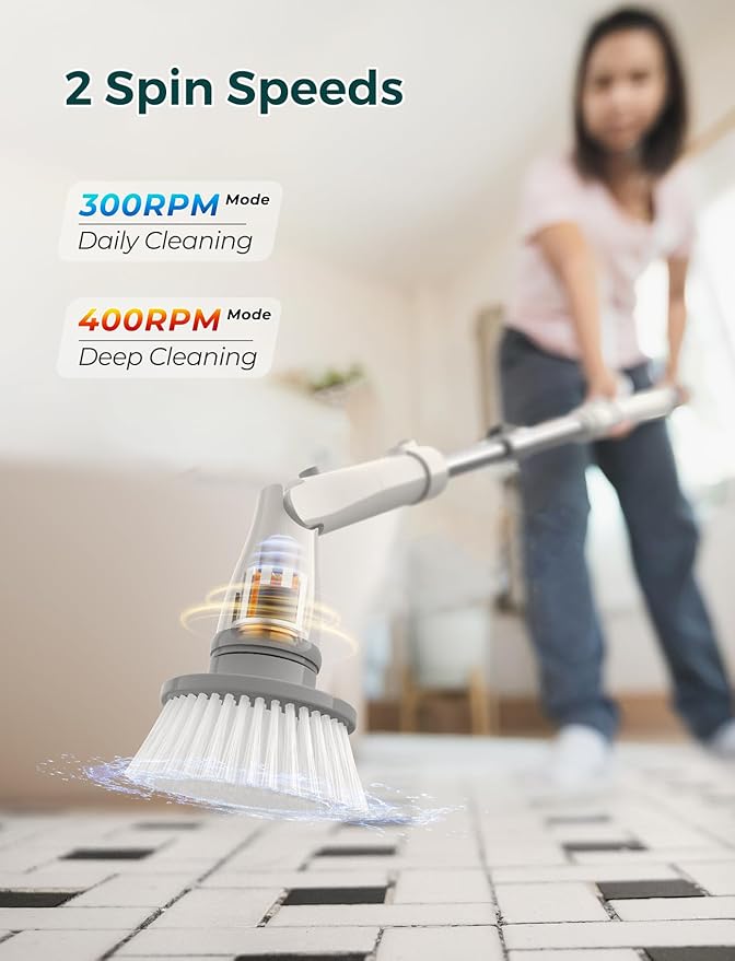 Sweepulire Electric Spin Scrubber SW1 Shower Scrubber with Long Handle 2 Spin Speeds Electric Bathroom Scrubber with 8 Replacement Heads Bath Tub Cleaner Brush for Floor Tub Shower Tile