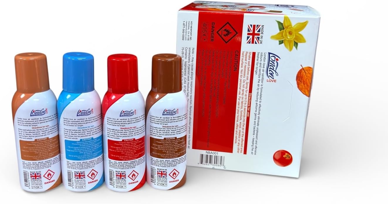 London Love Air Freshening Spray – (12 Count 4 Scents) Features 3 of each scent (Ocean Splash Anti Tobacco Cranberry Vanilla) – Odor Eliminator for Home Car Office &amp More