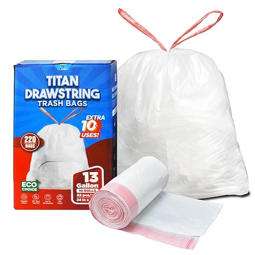220 Count - Ultra Strong 13 Gallon Trash Bags – Tall Kitchen Trash Bags 24 x 27 18 Mic Drawstring Closure Durable &amp Leak-Resistant White