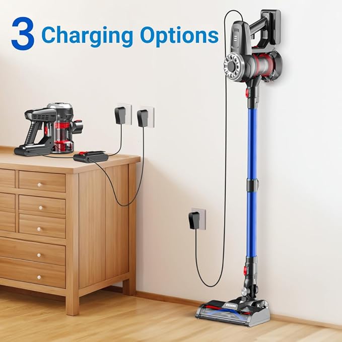 Cordless Stick Vacuum Blue 45 Min Runtime LED Headlights 2-Speed Telescopic Tube with Main Vacuum Brush Crevice Tool dust Brush Removable-Rechargeable Battery Pack with Charging Cord