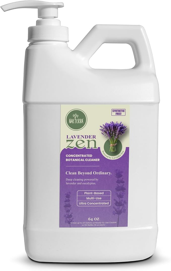 Naeterra Lavender Zen All-Purpose Cleaning Concentrate Kit – 64 oz Jug Makes 24 Gallons | Includes 16 oz Amber Glass Spray Bottle | Plant-Based Essential Oil Scented EWG Green-Rated Ingredients