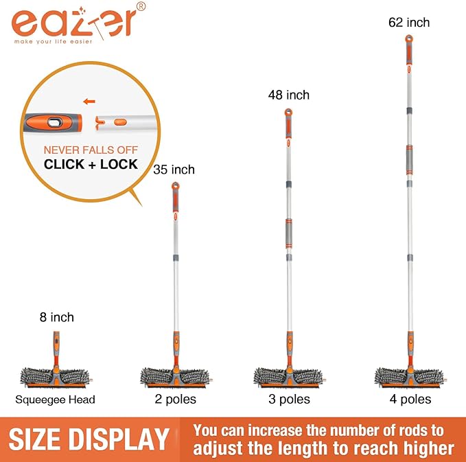 Eazer Squeegee Window Cleaner Tool 2 in 1 Rotatable Window Cleaning Squeegee Kit with Extension Pole 62'' Window Washing Kit Bendable Head for Car Glass - 2 Scraper