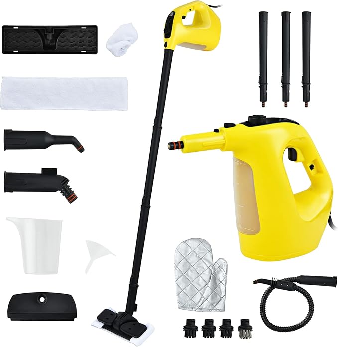 SAFSTAR Handheld Steam Cleaner 1400W Pressurized Steamer with 14-Piece Accessories &amp Child Lock Multipurpose Portable Steam-shot Steam Mop for Cleaning Kitchen Floor Sofas Car Windows (Yellow)