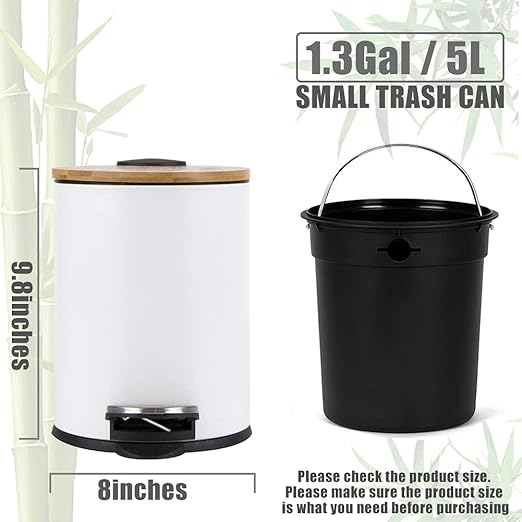SIDIANBAN Small Bathroom Trash Can with Bamboo Lid Soft Close and Foot Pedal 1.3Gal/5L Round Garbage Can with Removable Inner Wastebasket for Bedroom Powder Room Craft Room Office Kitchen White