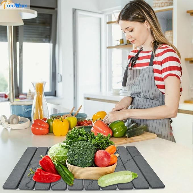 2 PCS Diatomaceous Stone Drying Mat for Kitchen Counter Quick Dry Collapsible Stone Dishes Mats Marbled Absorbent Bath Mat for Countertop Bottles Utensils Cups Dark Gray 24×16 &amp 8x4
