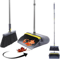 Heavy Duty Broom and Standing Dustpan Combo Set Rotatable Head Dust Pan and Brush Set with Collapsible Handle Cleaning Teeth Hanging Loop Ideal for Pets RV Kitchen Camping Outdoor Floor Gray