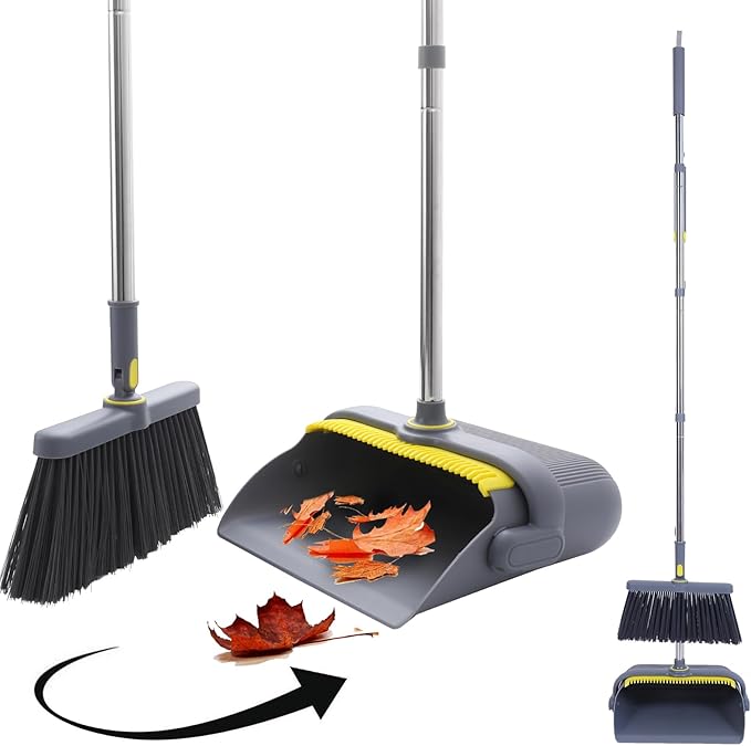 Heavy Duty Broom and Standing Dustpan Combo Set Rotatable Head Dust Pan and Brush Set with Collapsible Handle Cleaning Teeth Hanging Loop Ideal for Pets RV Kitchen Camping Outdoor Floor Gray