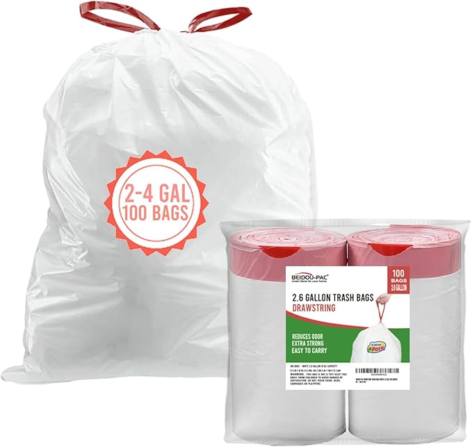 2-4 Gallon Trash Bags Drawstring 100 Count White &amp Unscented Small Garbage Liners