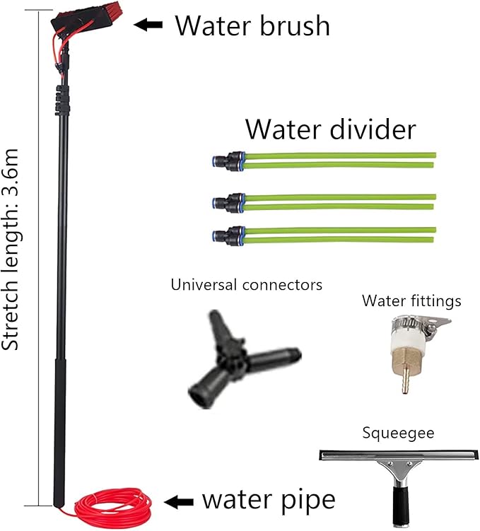 12ft Water Fed Window Cleaning Pole Conservatory Solar Panel High Reach Telescopic Extendable Extended Extension Brush Squeegee Equipment Hose Fed Kit
