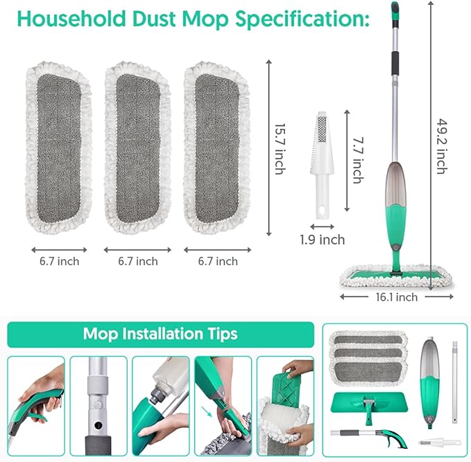 Spray Mop for Floor Cleaning TINA&ampTONY Microfiber Hardwood Dry Wet Kitchen Mop with 3 Washable Pads &amp 635ML Refillable Bottle Dust Mop with Sprayer for Laminate Tile Vinyl Floors Green