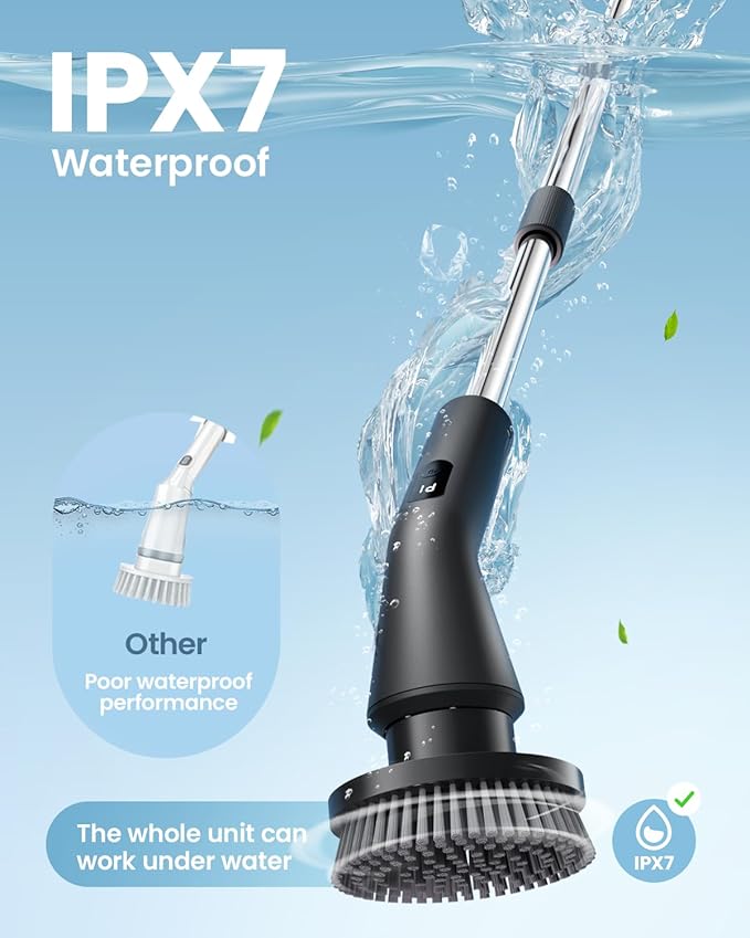 Leebein Electric Spin Scrubber 2026 Upgraded Cordless Cleaning Brush Bathroom Scrubber IPX7 Waterproof Electric Scrubber with 7 Brush Heads Extendable Long Handle Power Scrubber for Bathtub Floor
