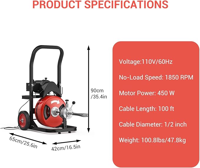 75Ft Drain Cleaning Machine 450w Portable Drain Auger with Wheels 1/2 Auto-Feed Drain Snake with 4 Cutters Electric Sewer Auger for Sink Toilet Floor Drain