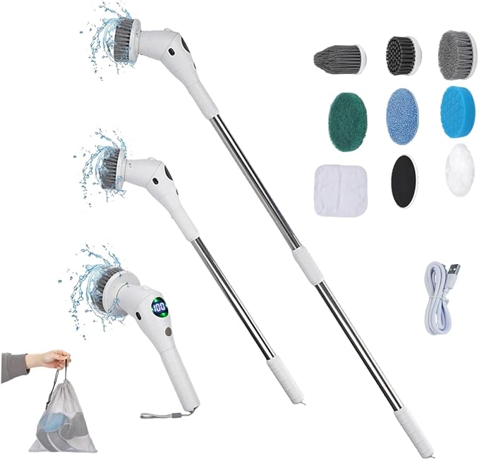 Taoke Electric Scrubber Brushes 8 Replaceable Cleaning Heads &amp Adjustable Handle 3 Speeds with Night Light and LED Display Bathroom Grout Floor Wall Sink Scrubber