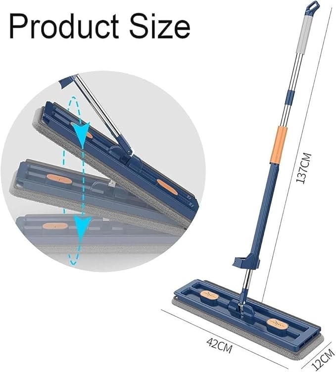 Large Flat MopMicrofiber Mop Self-Contained Dewatering Scraper 360° Rotating Magic Self Wringing Flat Stainless Steel Long Handle Mop Wall Cleaning 12027(Blue6PC)