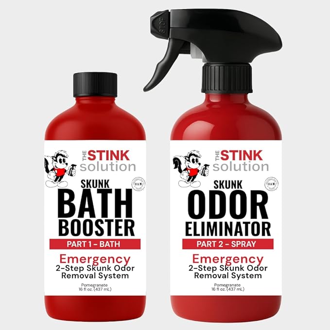 The Stink Solution Skunk Odor Eliminator for Dogs Natural Skunk Smell Remover Kit 16 oz Bath Booster &amp 16 oz Pomegranate Spray Pet Safe Skunk Odor Remover Skunk Deodorizer &amp Skunk Spray Neutr