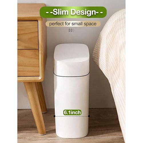 14 Litre Trash Can with Press Top Lid 3.7 Gallons Plastic Garbage Bin Slim Wastebasket for Bathroom Kitchen Toilet Office Room Bedroom White lid Without Brush