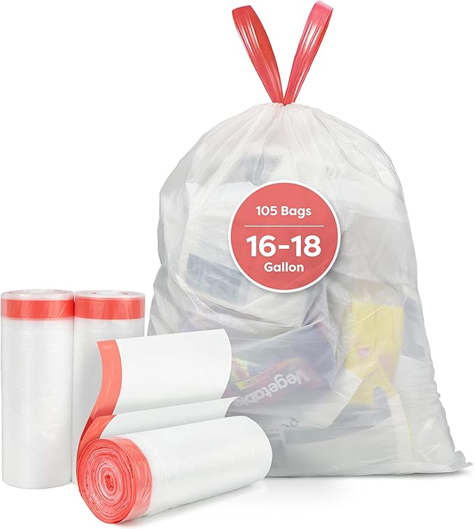Pre-Separated 16-18 Gallon Trash Bags Drawstring Clear Size M Tear Free Large Garbage Bags for Kitchen 105 Count Tear-Resistant Strong Plastic Compactor Bag for Office Lawn
