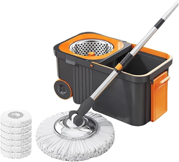 Rotary Mop Set with 6 Replacement Head Refills Extended Handle Hand-Free Automatic Dehydration Cleaning Spin with Bucket(Grey)