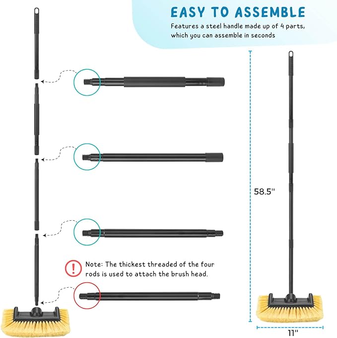 Car Wash Brush with Long Handle 58.5'' Soft Bristle Cleaning Tool for Truck Exterior RV Boat Solar Panel Deck Washing 2 Wax Applicator Pads Included
