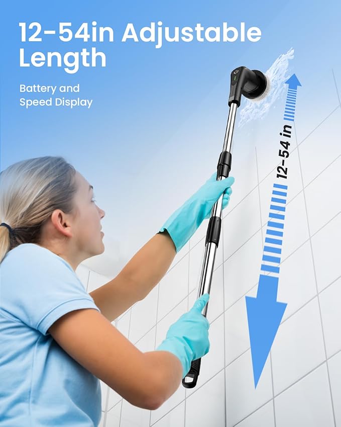Leebein Electric Spin Scrubber Cordless Cleaning Brush with 8 Replaceable Brush Heads Tub and Floor Tile Power Scrubber Dual Speed with Adjustable &amp Detachable Handle for Bathroom Tub (All Black