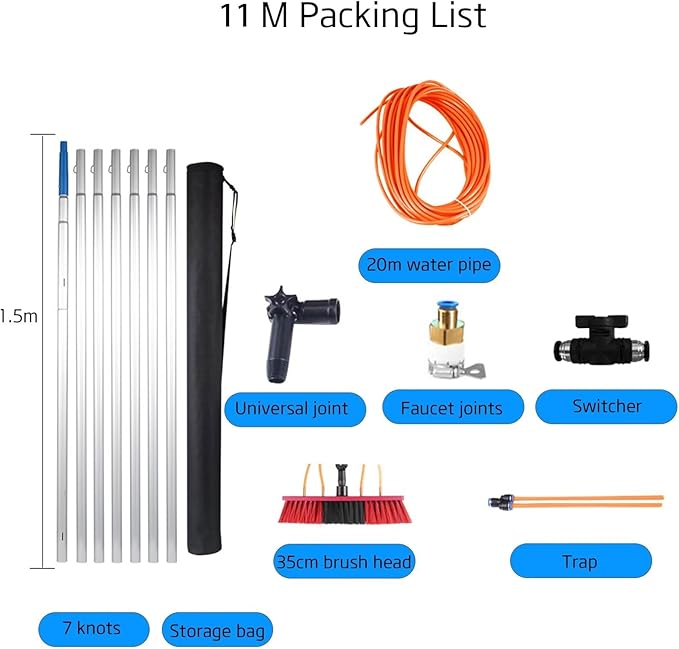 Extendable Window Cleaning Kit - Telescopic Water Fed Brush for Solar Panels Photovoltaic Systems &amp Conservatories - 11 Poles 35 Brush Heads for Effortless Cleaning