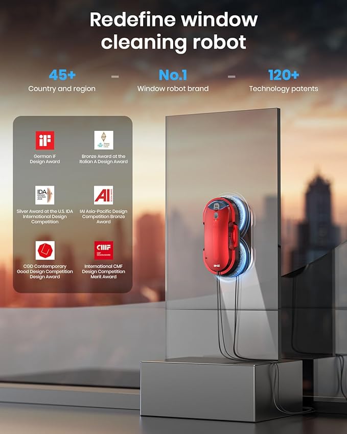 BNZ Smart Window Cleaning Robot Twin Turbo &amp Dual Auto-Spray Window Cleaner with Multiple Safety System AI Path Planning Frameless Edge Detection K1 (Ruby Red)