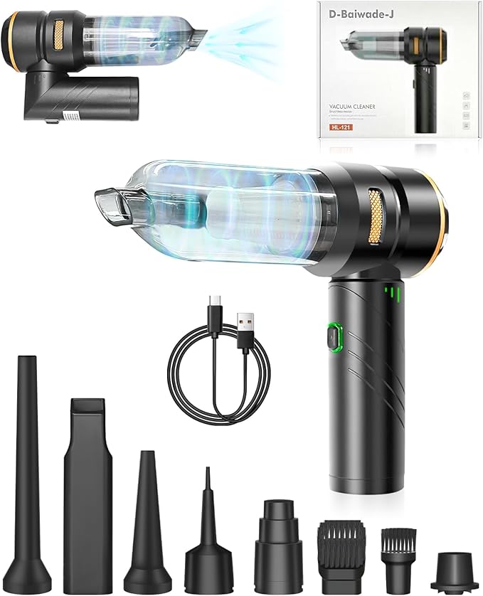 Baiwade Foldable Cordless Handheld Car Vacuum Cleaner 15000PA High Power 2-in-1 Mini Vacuum Duster &amp Inflator with 3-Speed Brushless Motor for Car Care Home Office Pet