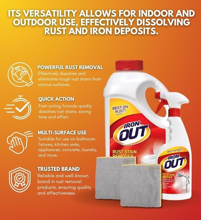 Iron Out Rust Remover Spray 16 oz + 28 oz Powder Bundle with Microfiber Cloth - Rust Stain Remover - Hard Water Toilet Stain Cleaner - Dissolves Rust on Tubs Sinks and Showers - (4 Items)
